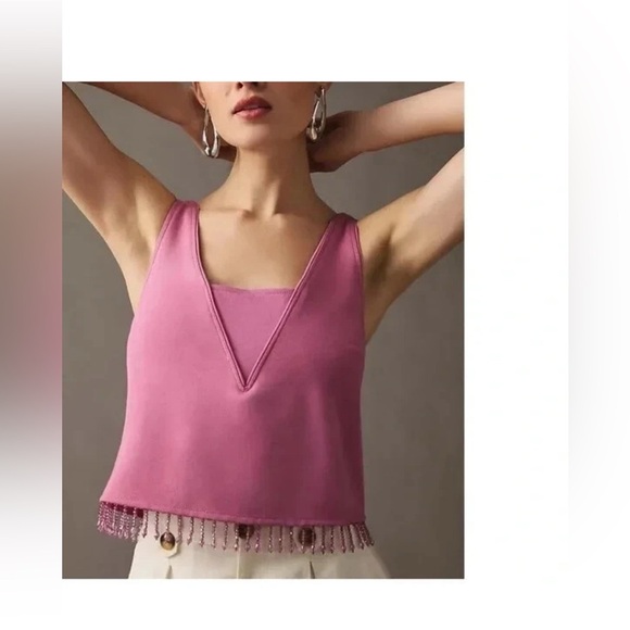 NWT Anthropologie Size XS Crystal Fringe Beaded Stretch Crop Tank Top Purple - Picture 2 of 14